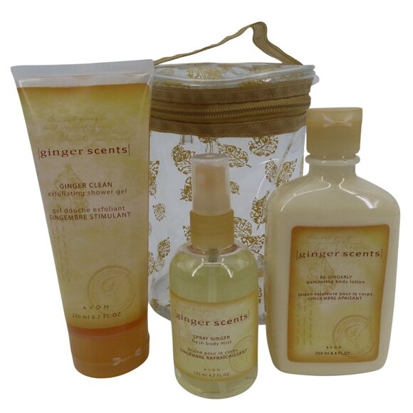 VTG Avon Ginger Scents Bath Set Shower Gel Body Mist Lotion NEW Open Package - Picture 1 of 14